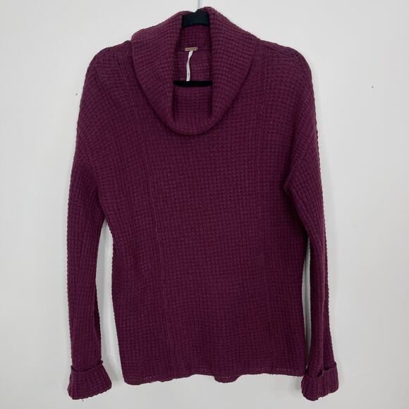 Free People XSmall XS Burgundy Purple Sidewinder Sweater Wool Cowl Neck Waffle - Picture 1 of 8
